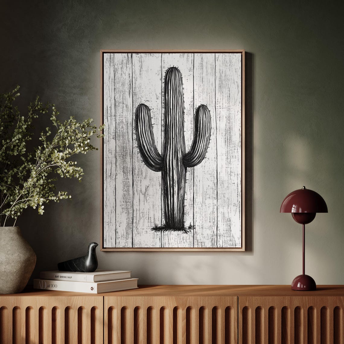 Minimalist Black and White Saguaro Cactus Sketch on Wood Print