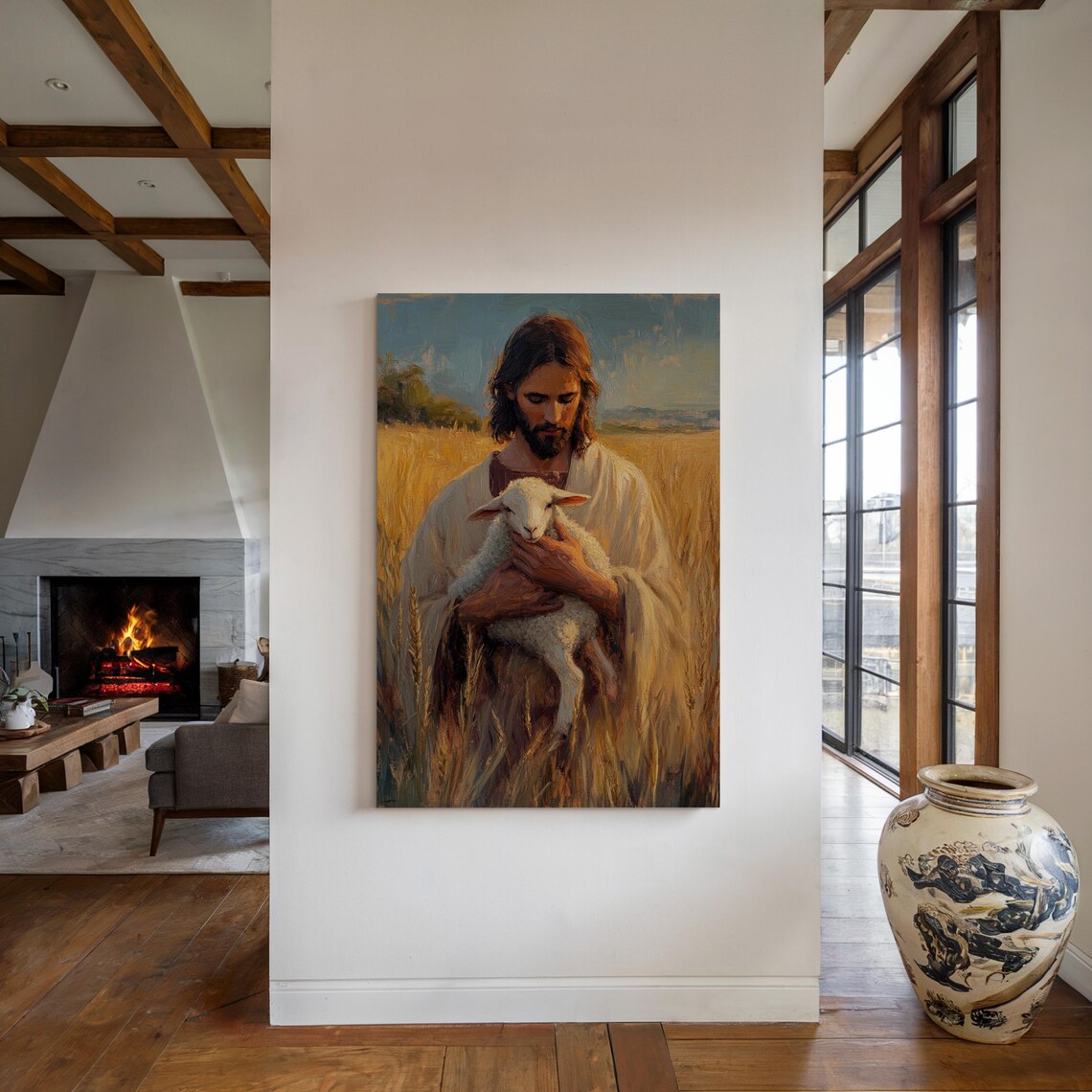 Jesus Holding a Lamb Close in a Golden Wheat Field Christian Poster - Image 3