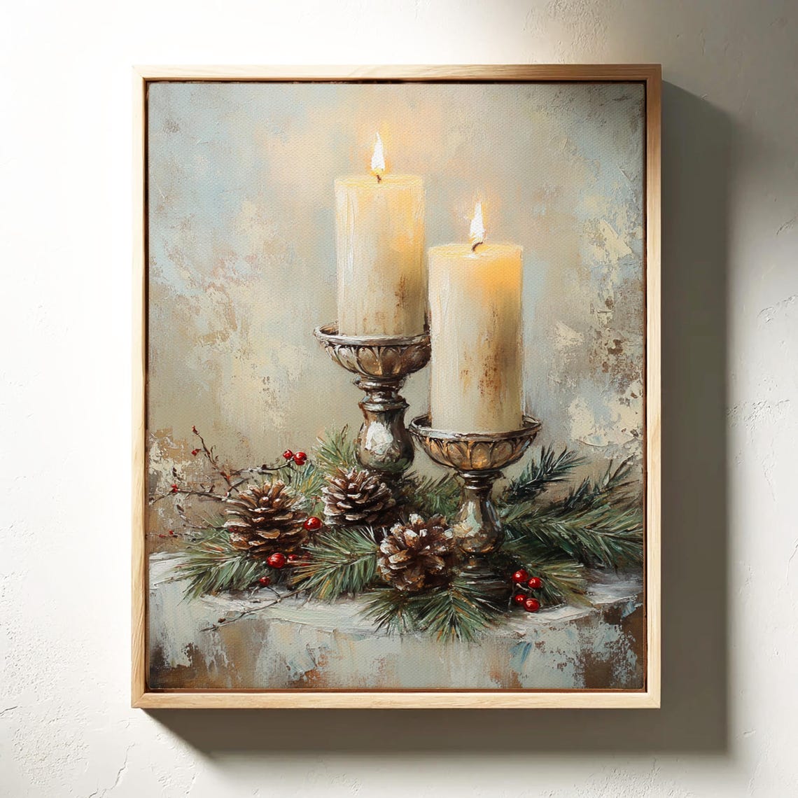 Lit Christmas Candles With Pinecones Berries Still Life Poster - Image 3