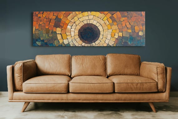 Colorful Stone Mosaic Tree Ring Art Rustic Wall Decor With Earthy Orange And Teal Tones Unique Textured Abstract Art For Home Decor