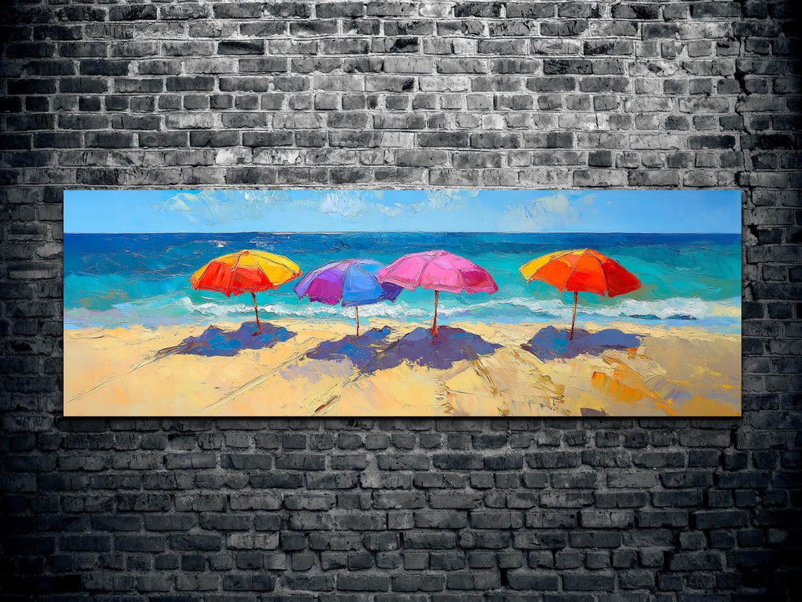 Vibrant Beach Parasols Turquoise Ocean Coastal Panoramic Art Poster - Image 2
