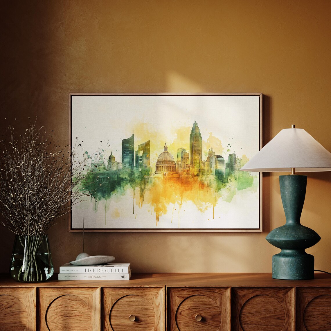 London Cityscape Watercolor St Pauls Cathedral Green Gold Wash Poster - Image 3