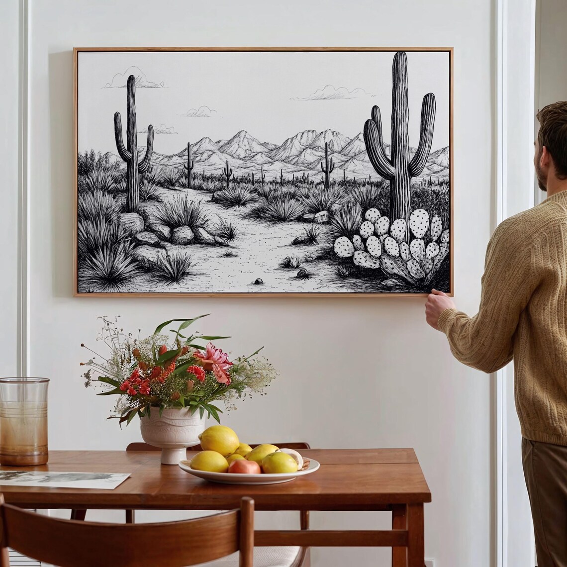 Black and White Ink Drawing of a Saguaro Desert Landscape Poster
