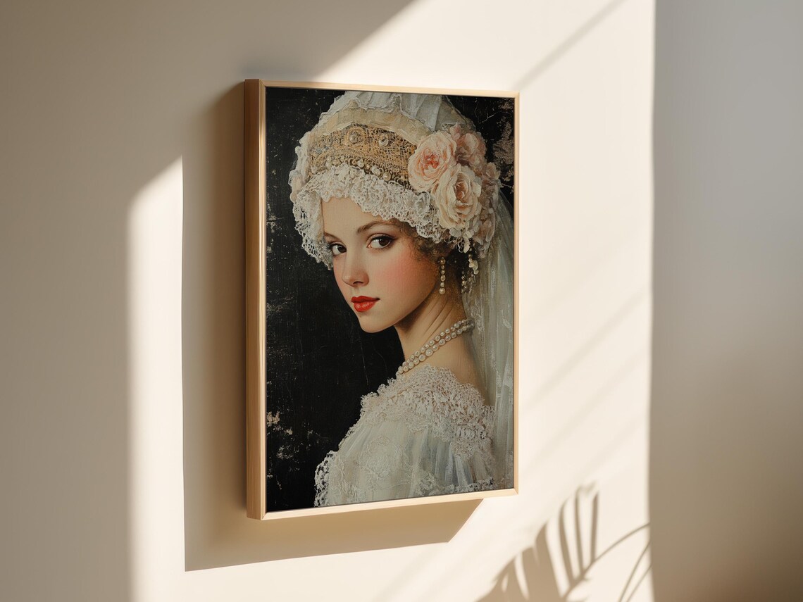 Victorian Lady in Lace Veil with Roses Romantic Oil Portrait Print - Image 5