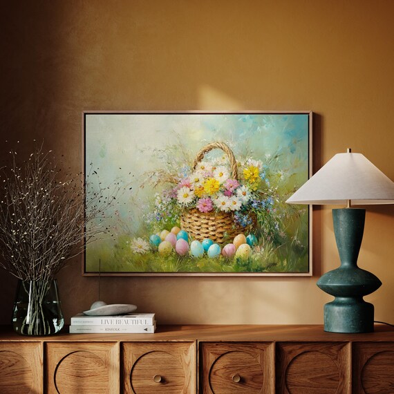 Rustic Easter Basket With Wildflowers, Spring Decor
