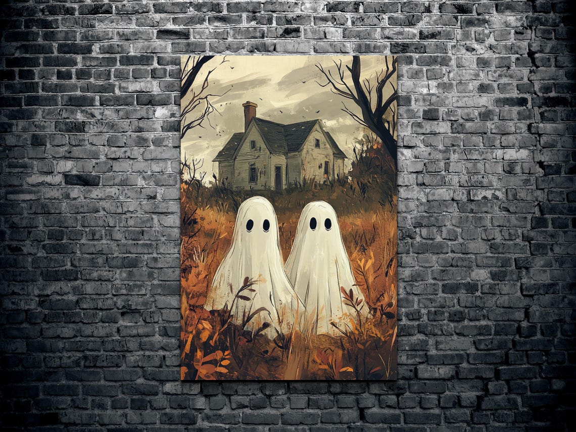 Two Cute Ghost Friends Haunted House Vintage Halloween Poster - Image 2
