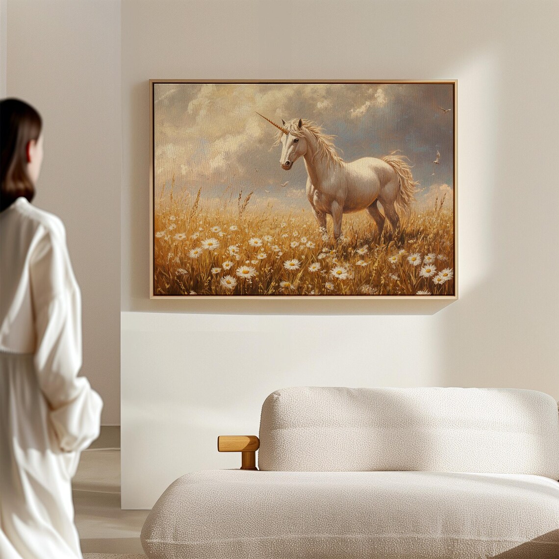 Majestic White Unicorn in Golden Flower Meadow Oil Painting Art Poster - Image 2