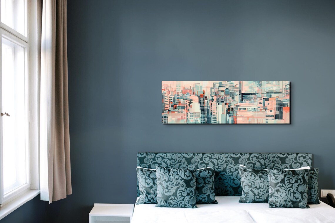 Soft Pink and Mint Abstract Cityscape Geometric Urban Art Poster - Image 4