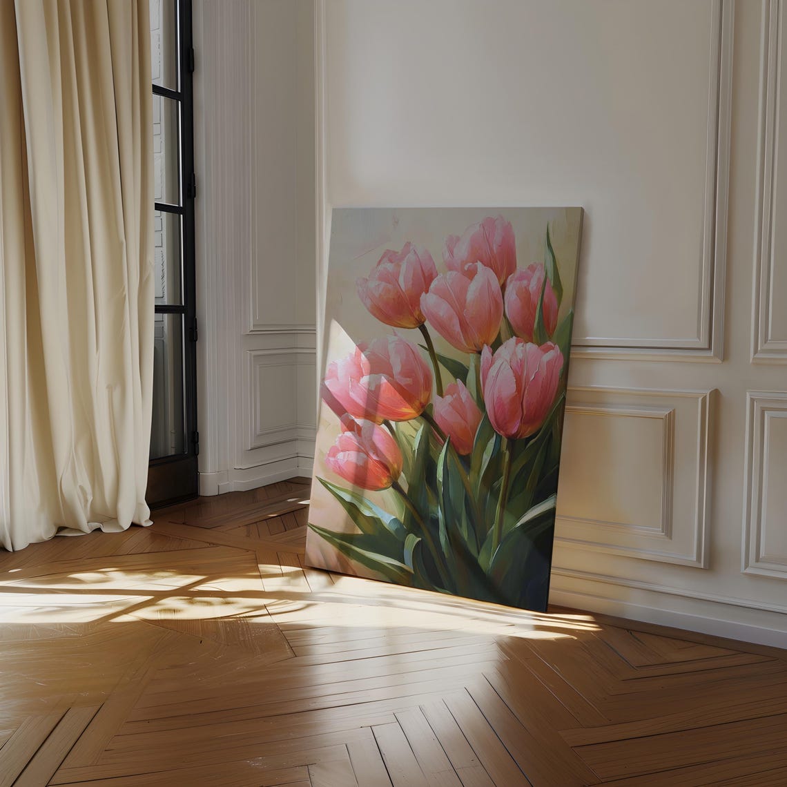 Pink Tulips in Soft Sunlight Cheerful Floral Painting Wall Art - Image 5