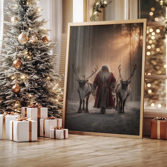 Santa Leading Reindeer Through a Misty Snowy Forest Christmas Poster