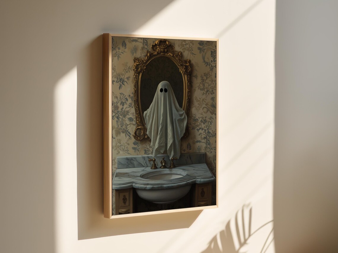 Sheet Ghost Emerging from Ornate Gold Mirror Above Marble Sink Art Poster - Image 4