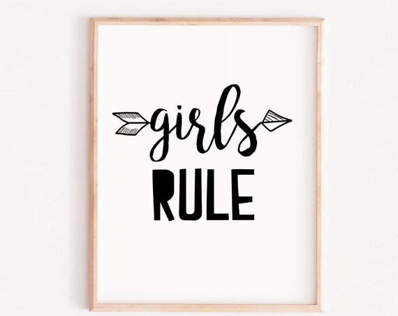 Girls Rule Arrow Script Typography Black White Kids Room Print