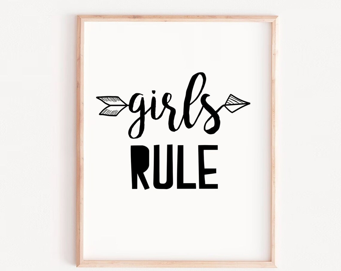 Girls Rule Arrow Script Typography Black White Kids Room Print