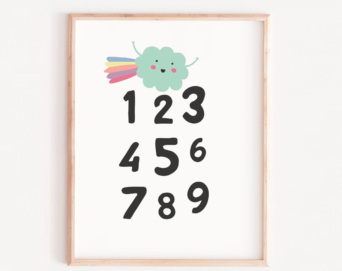 Kids Numbers Learning Print, Cute Cloud Design For Playroom Decor