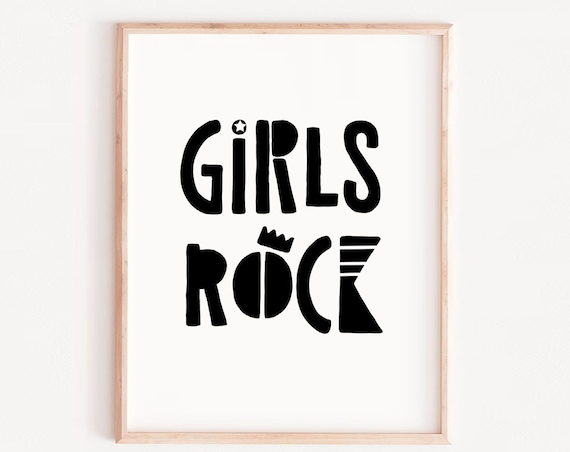 Girls Rock Bold Black Lettering Poster for Kids Bedroom Decor