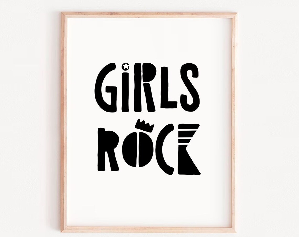 Girls Rock Bold Black Lettering Poster for Kids Bedroom Decor