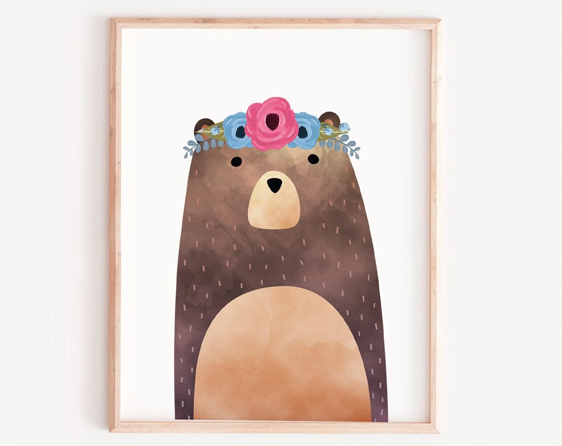 Girly Bear Nursery Floral Woodland Art Print