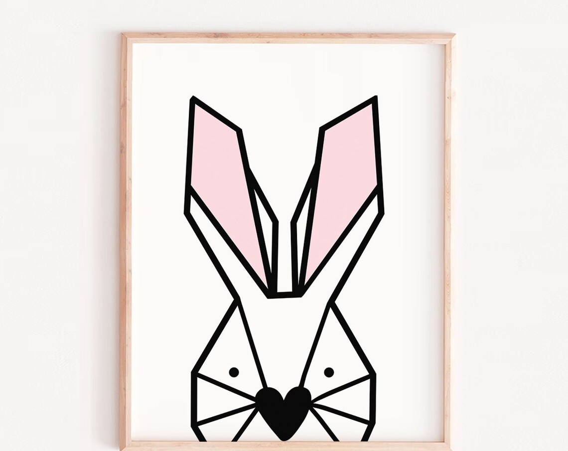 Geometric Bunny Pink Ears Heart Nose Minimal Kids Room Wall Art