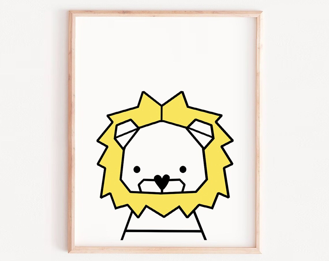 Geometric Yellow Lion Face Cute Kids Nursery Animal Art Poster