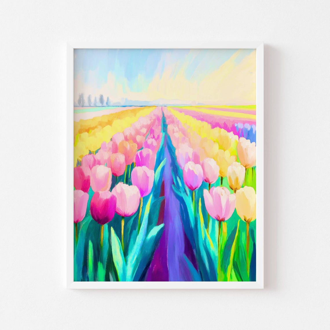 Vivid Rainbow Tulip Field With Blooming Rows Pastel Spring Poster