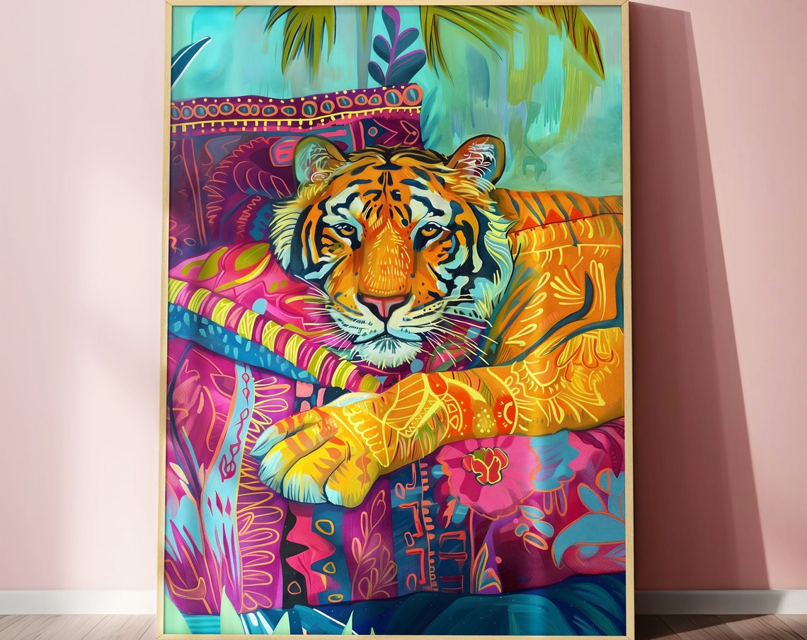 Resting Tiger With Jewel Tone Maximalist Patterned Art Poster - Image 2