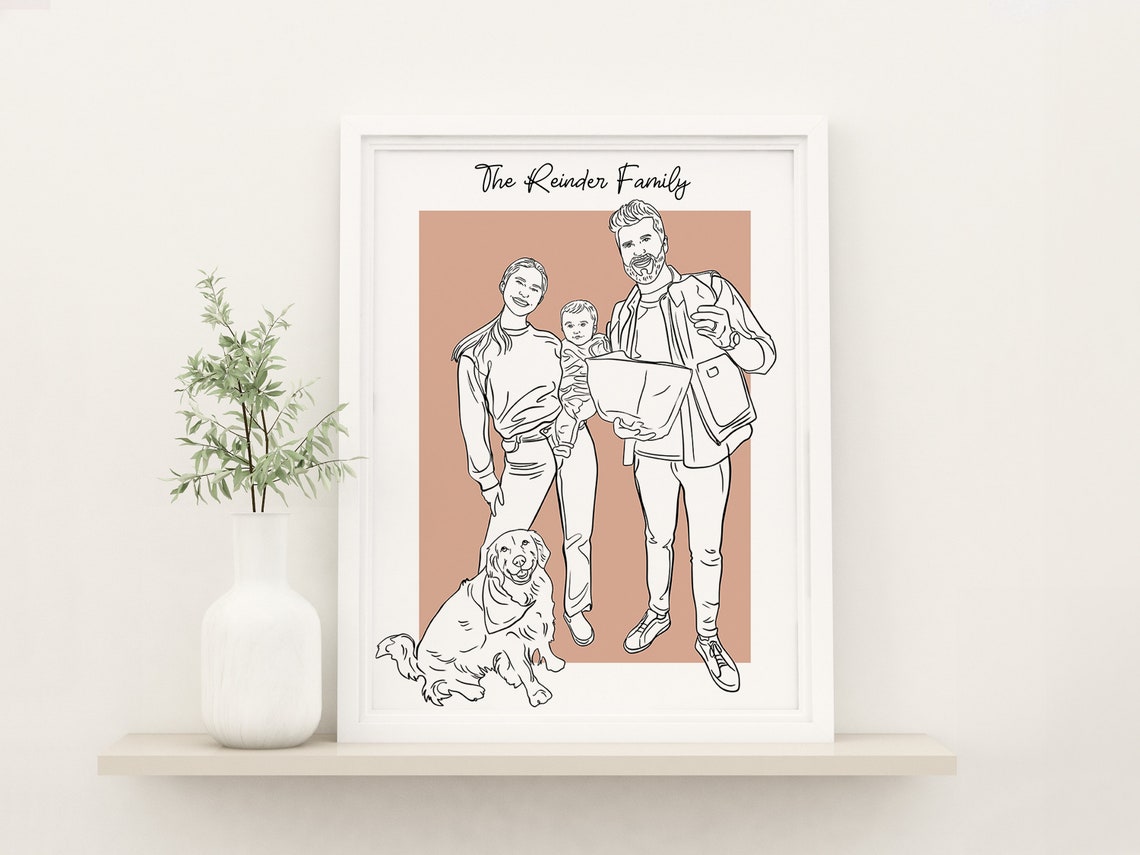 Personalized Family Line Art Portrait With Dog Terracotta Art Poster