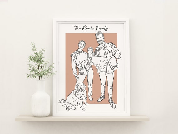 Personalized Family Line Art Portrait With Dog Terracotta Art Poster