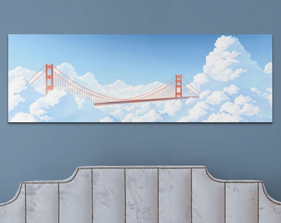 Panoramic Golden Gate Bridge Above The Clouds Ready To Hang Wall Art California Golden Gate Bridge Wall Art Panoramic Art