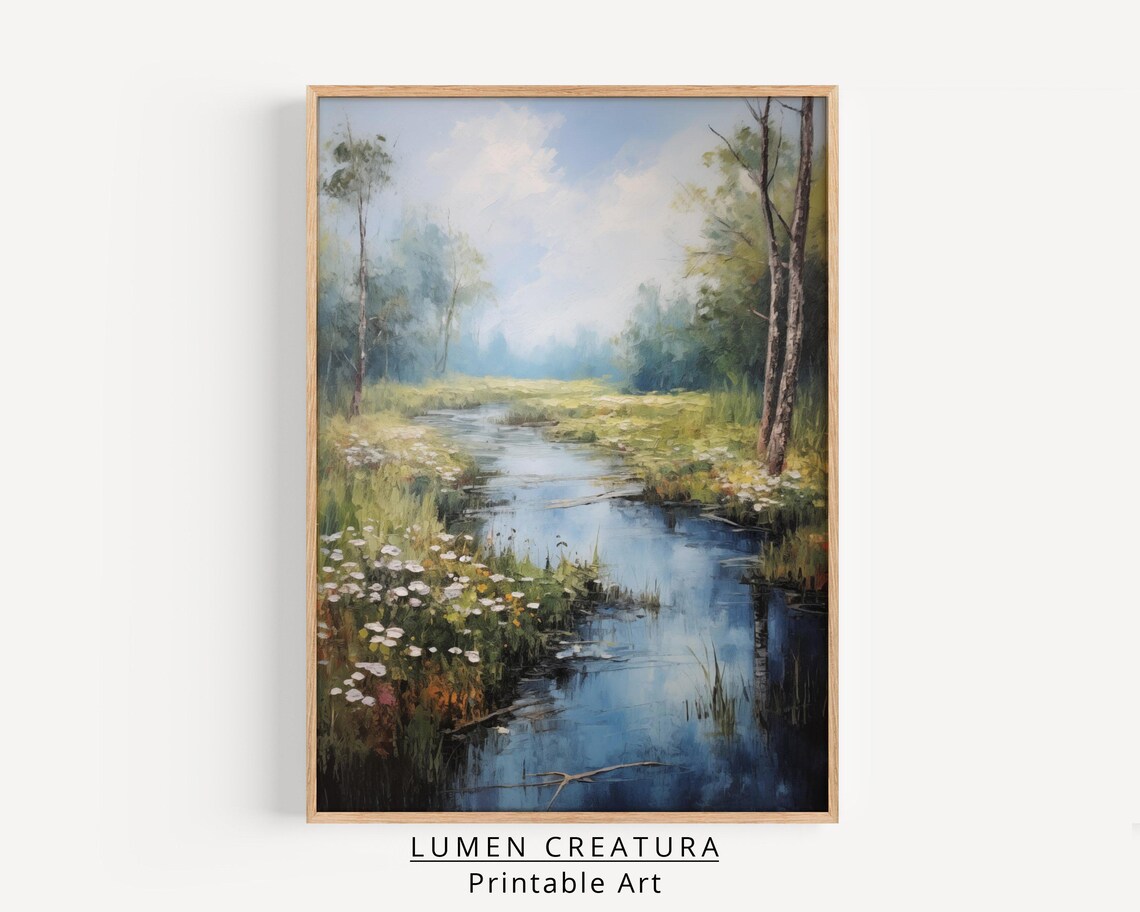 River Landscape Painting, Vintage Wall Art