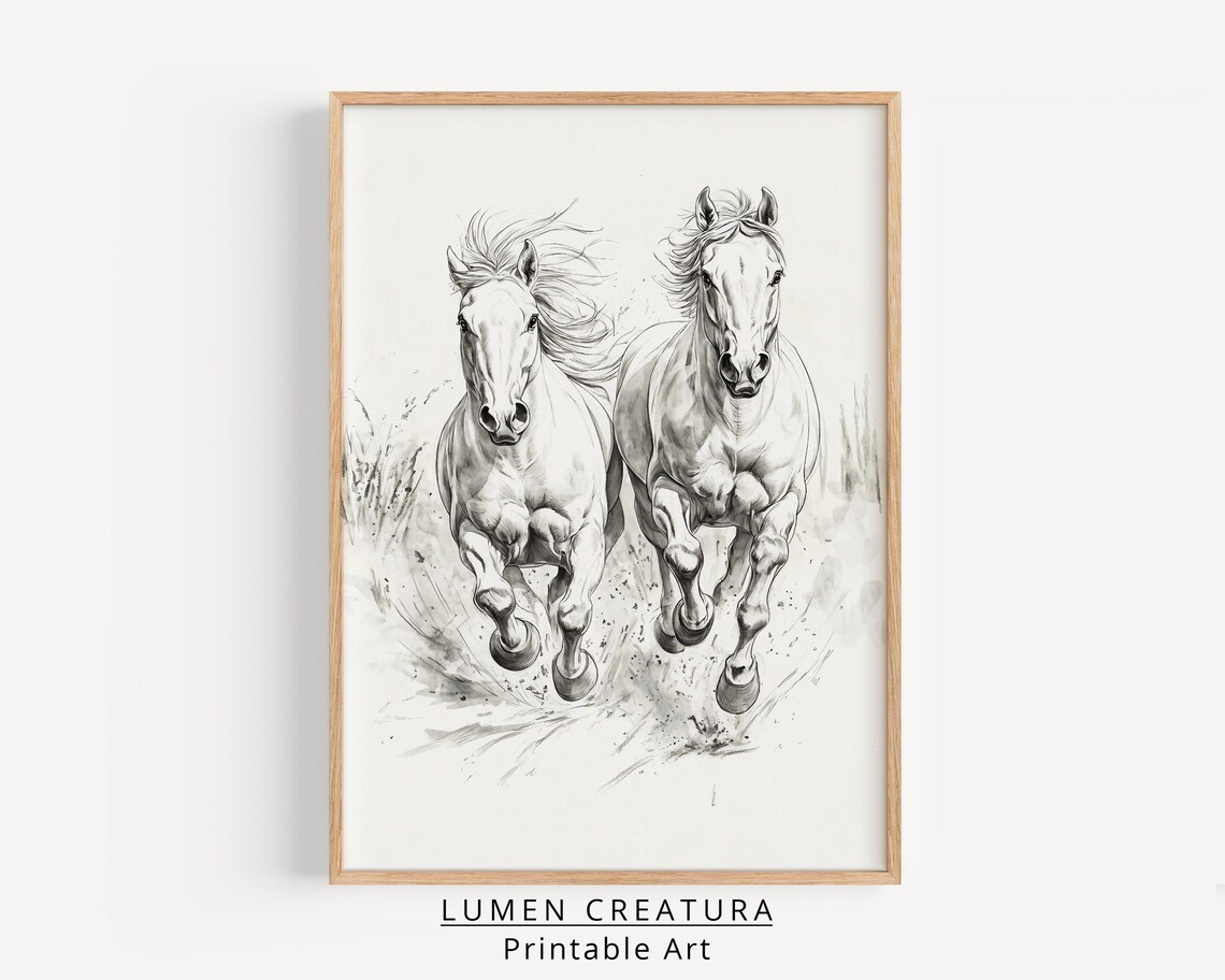 Wild Horses Running Sketch, Vintage Country Art - Image 2
