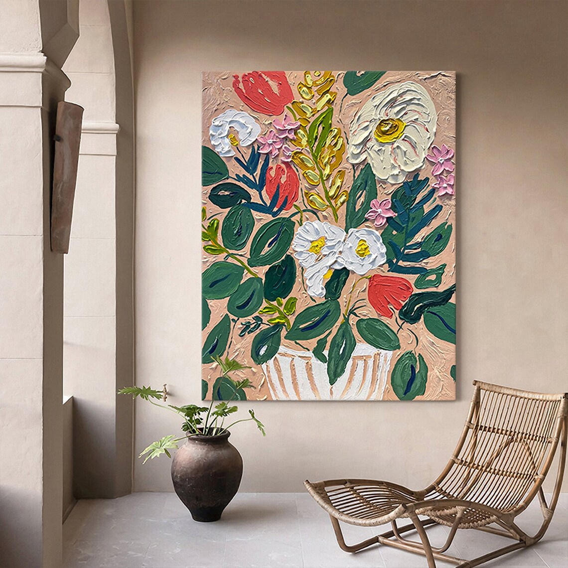 White And Coral Flower Bouquet Vase With Green Leaves Art Poster - Image 3