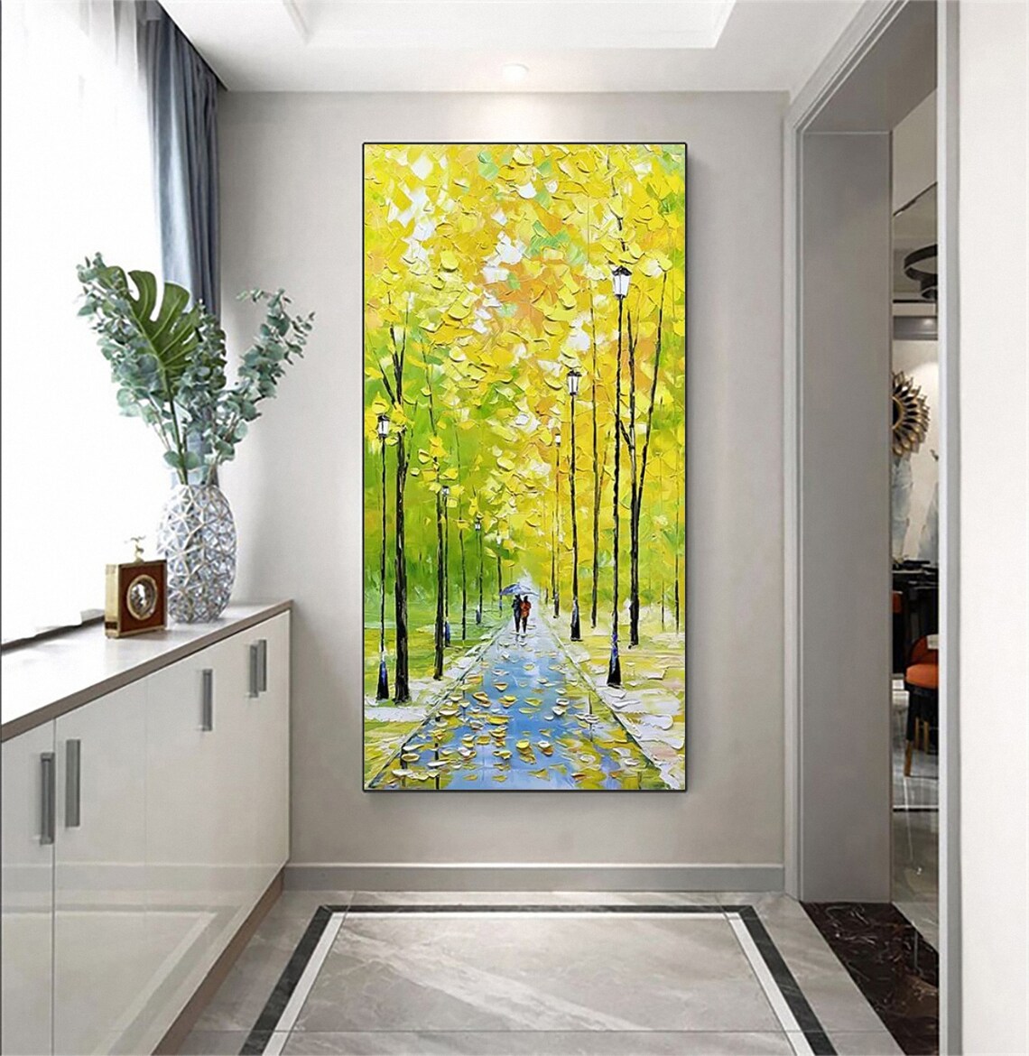 Loving Couple on Forest Path, Autumn Landscape Art Print
