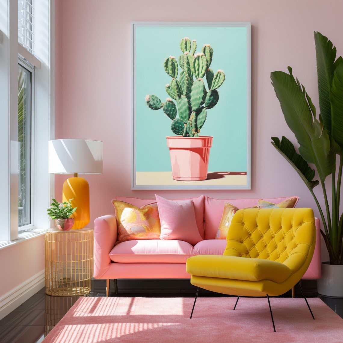 Prickly Pear Cactus in a Pink Pot on Mint Green Background Poster