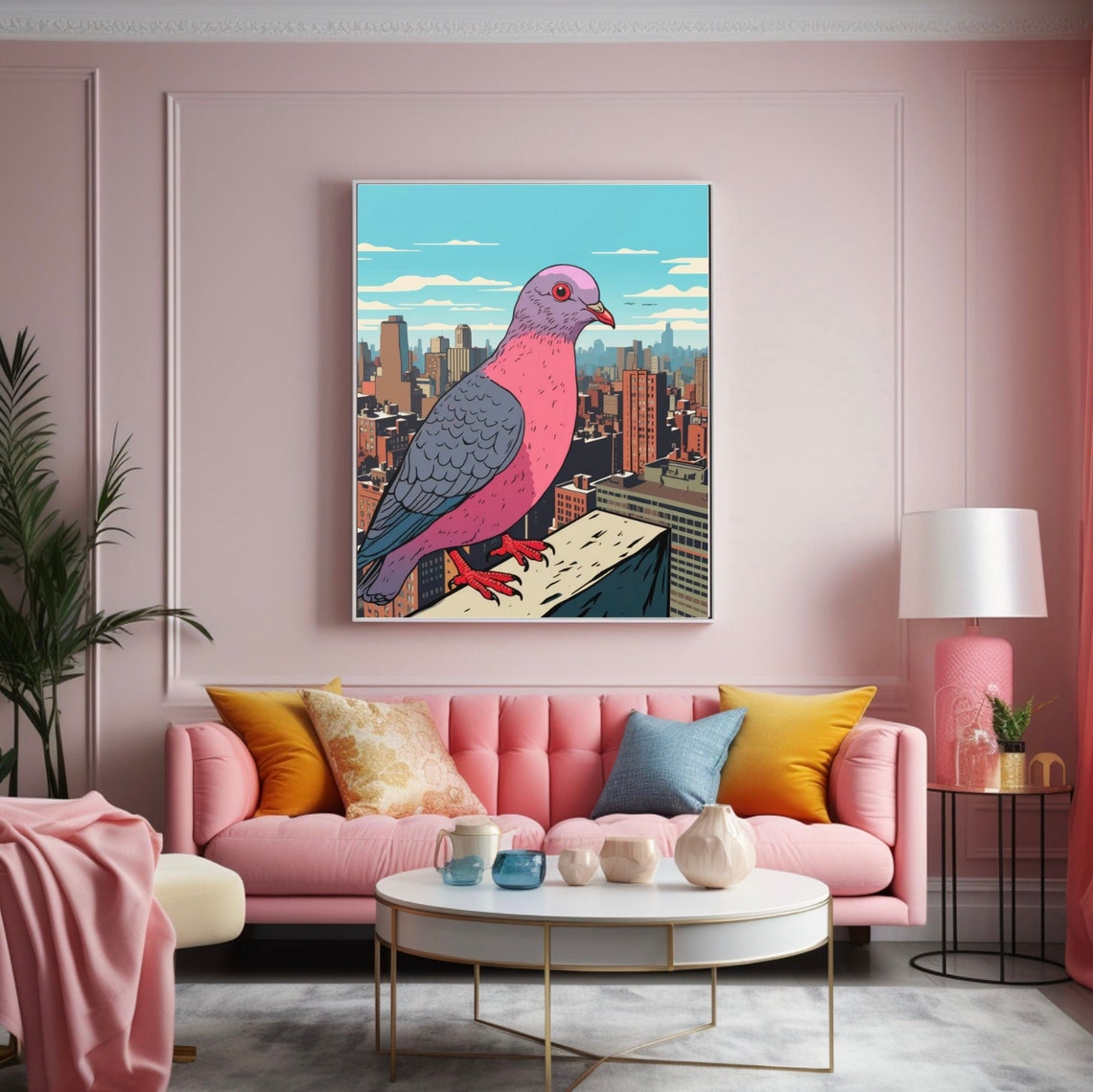 Pink Pop Art Pigeon Perched Above the New York City Skyline Poster
