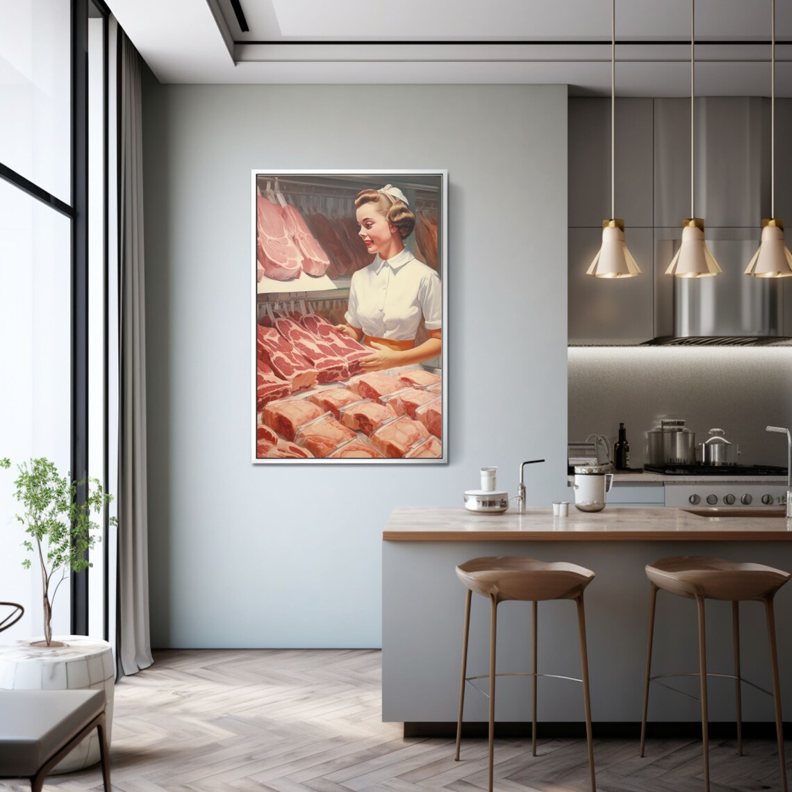 Vintage 1950s Butcher Girl At Retro Meat Counter Shop Poster