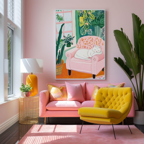 Cozy Sleeping White Cat on Pink Armchair Botanical Room Poster