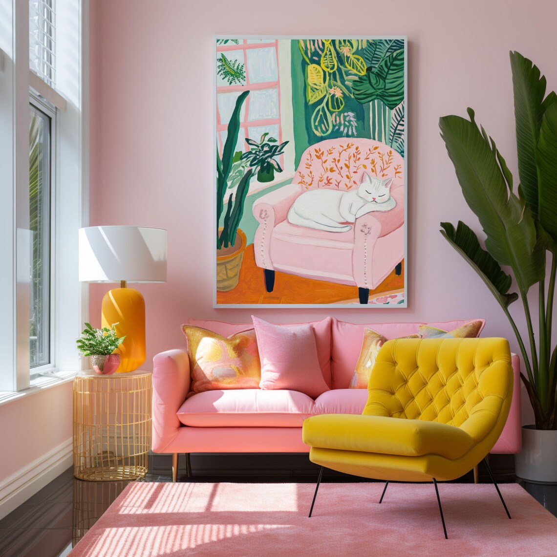 Cozy Sleeping White Cat on Pink Armchair Botanical Room Poster