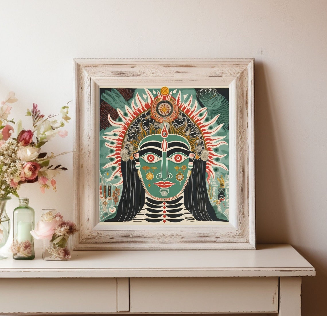 Lord Shiva Teal Green Modern Indian Deity Spiritual Art Poster