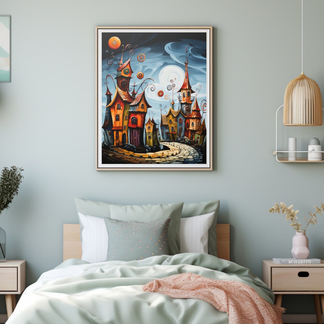 Magic Night Town Whimsical Twisted House Moonlight Art Poster