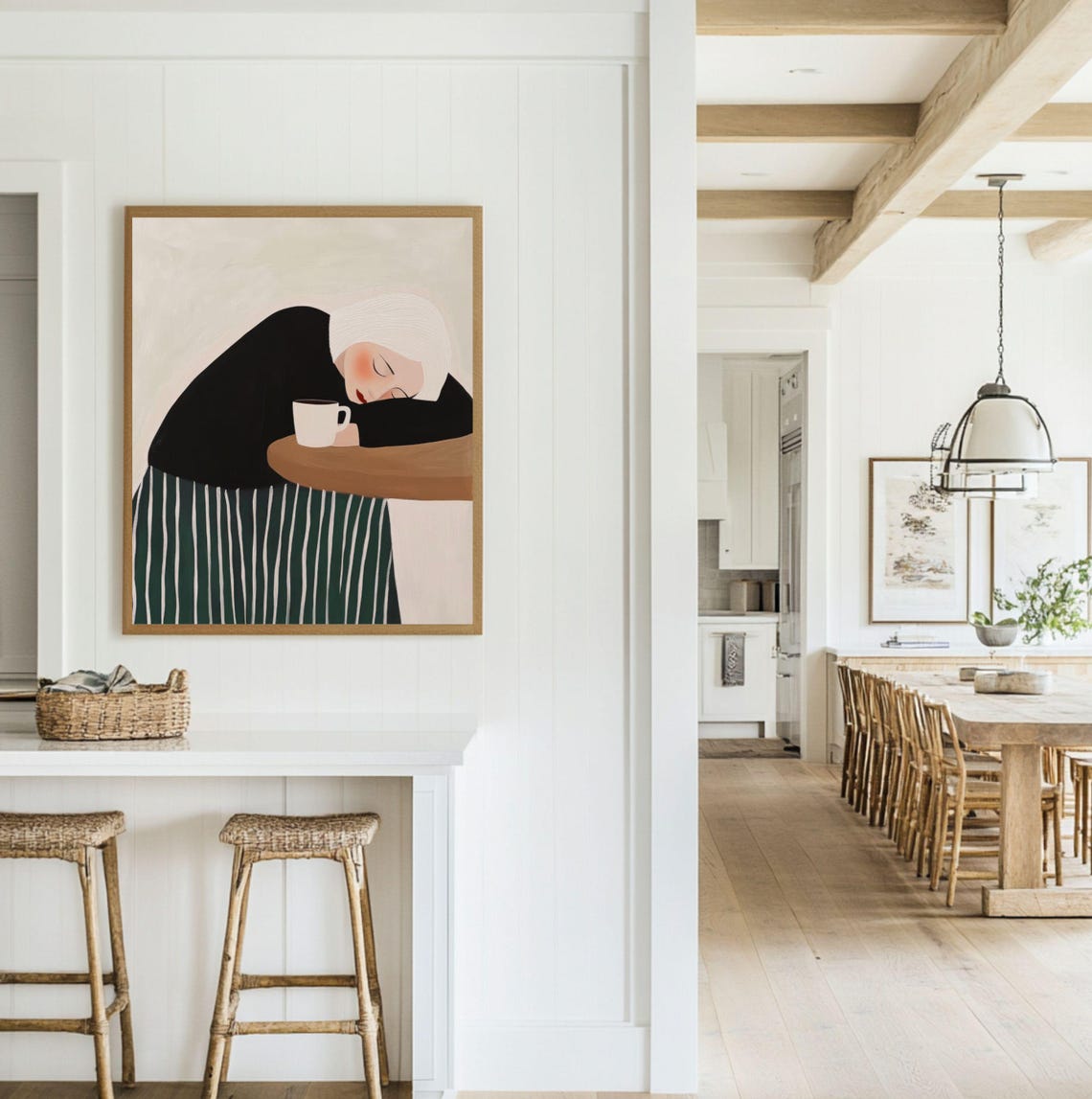 Tired Woman Napping at a Coffee Table Minimalist Kitchen Poster