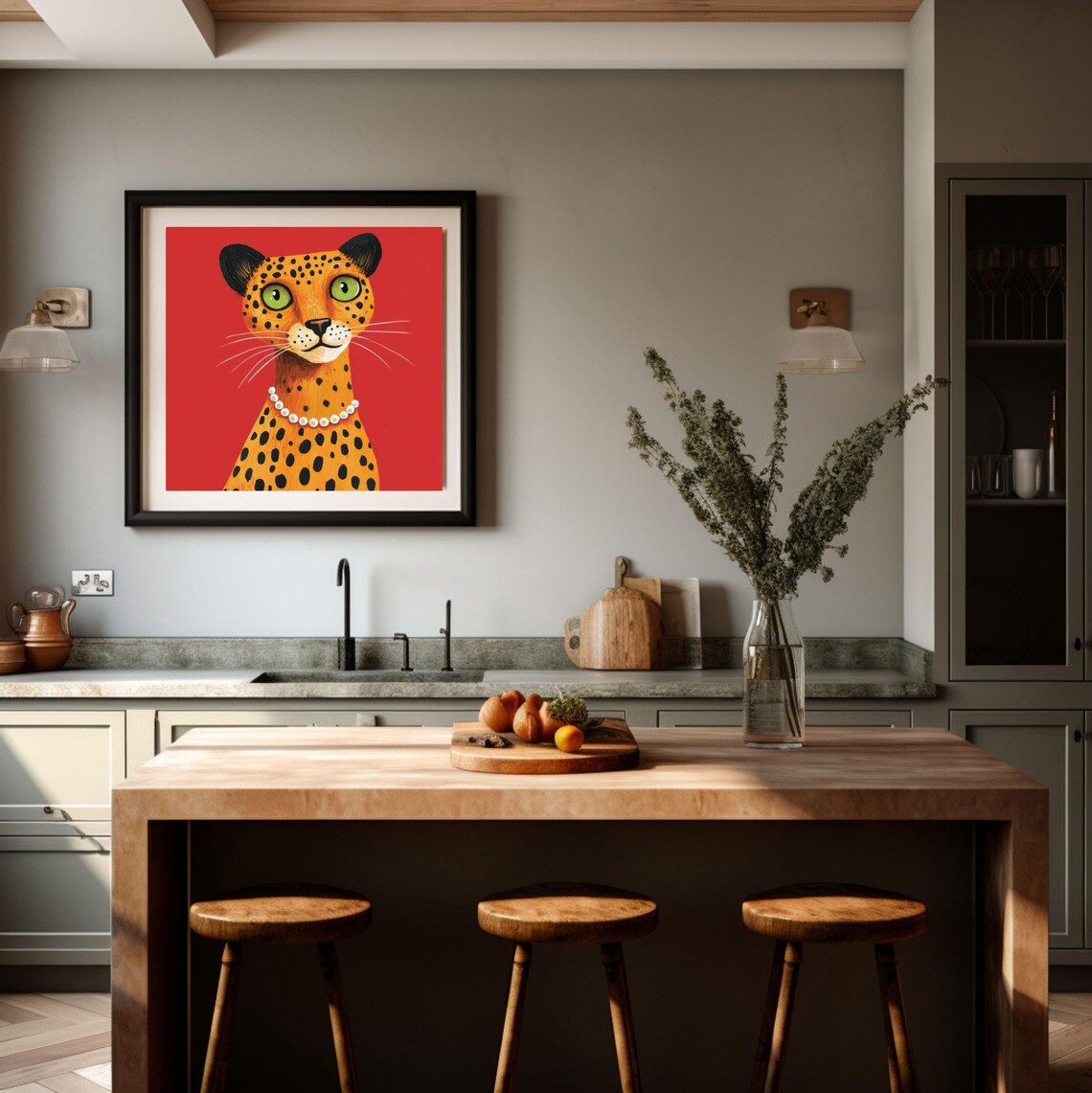 Cute Cartoon Leopard in a Pearl Necklace on a Red Background Poster