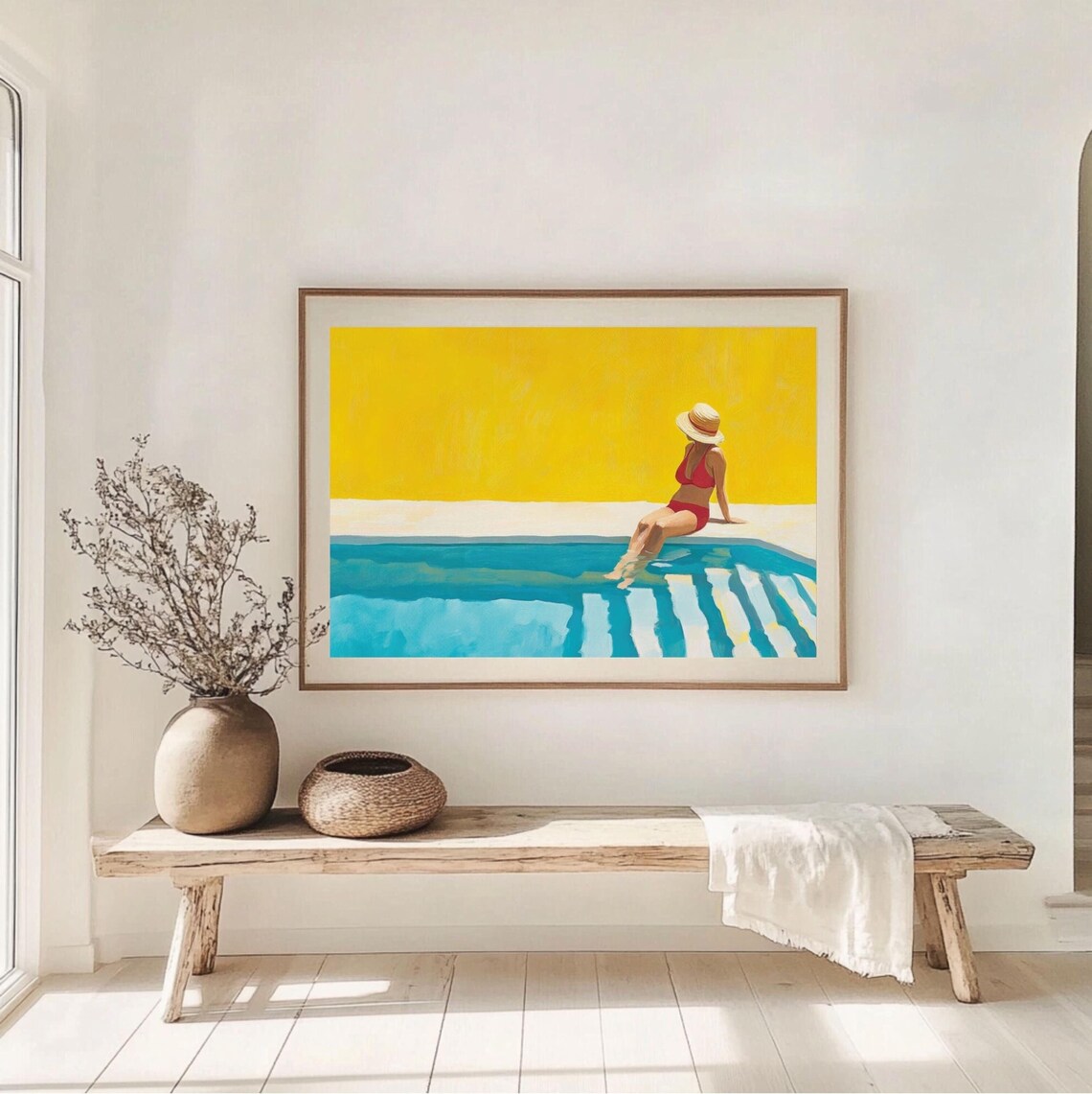 Woman by a Turquoise Pool Against a Yellow Wall Summer Art Poster