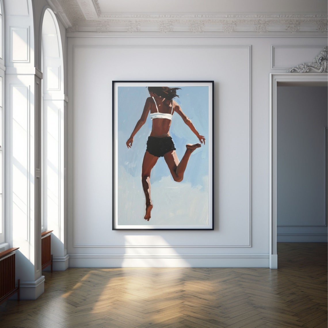 Summer Jump Poster Woman Leaping Into Blue Sky Joyful Decor Art