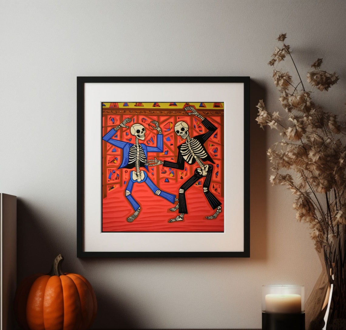 Two Dancing Skeletons Folk Art Orange Red Halloween Party Poster