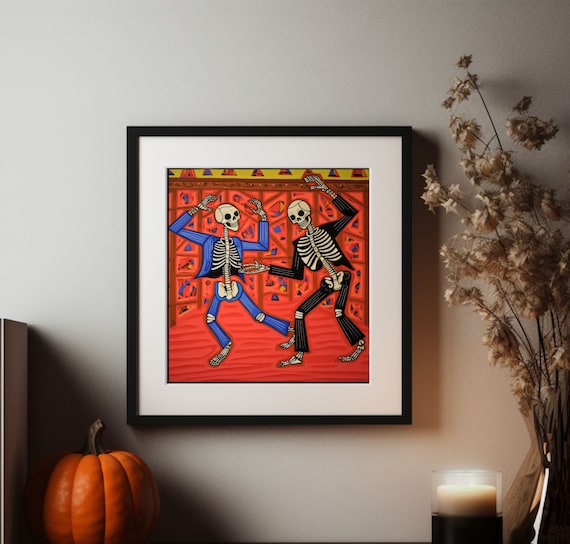 Two Dancing Skeletons Folk Art Orange Red Halloween Party Poster