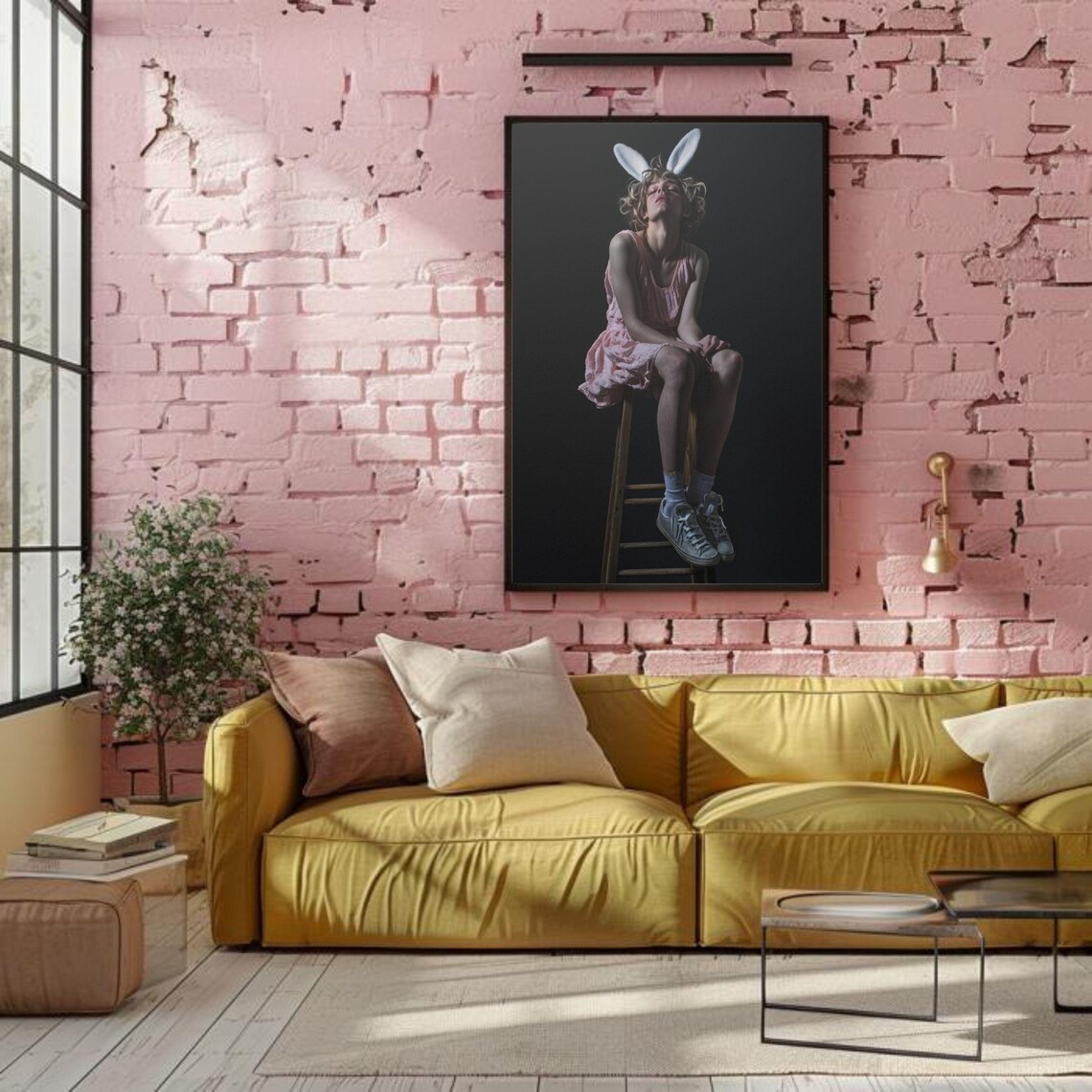 Girl in Bunny Ears Pink Dress Moody Studio Fashion Photo Poster