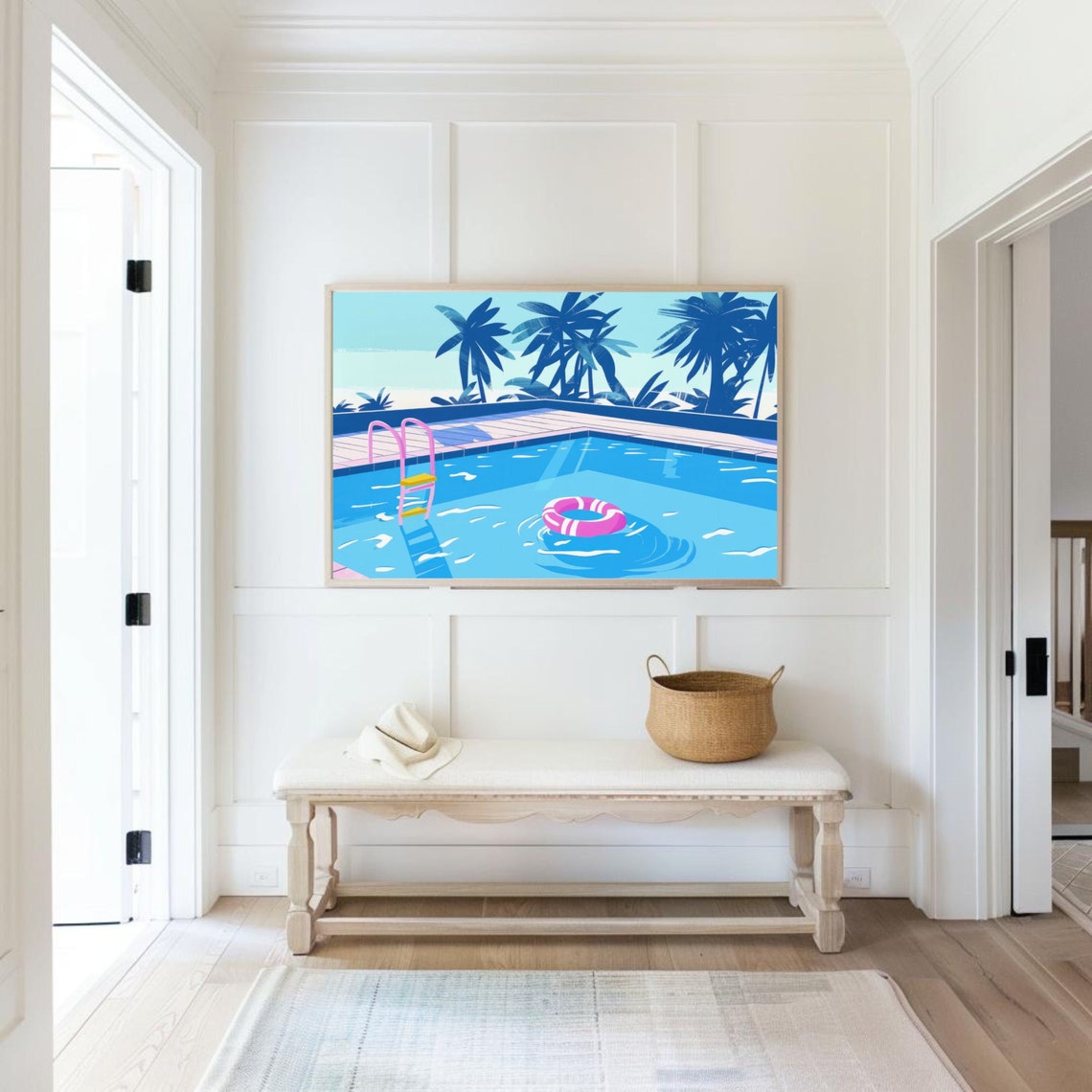Summer Swimming Pool With Pink Float And Palm Trees Art Poster