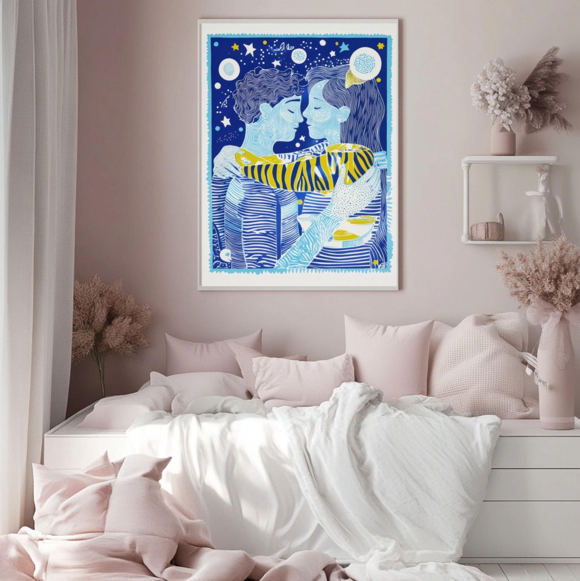 Blue Line Art Couple Embracing Under a Starry Night Sky Poster