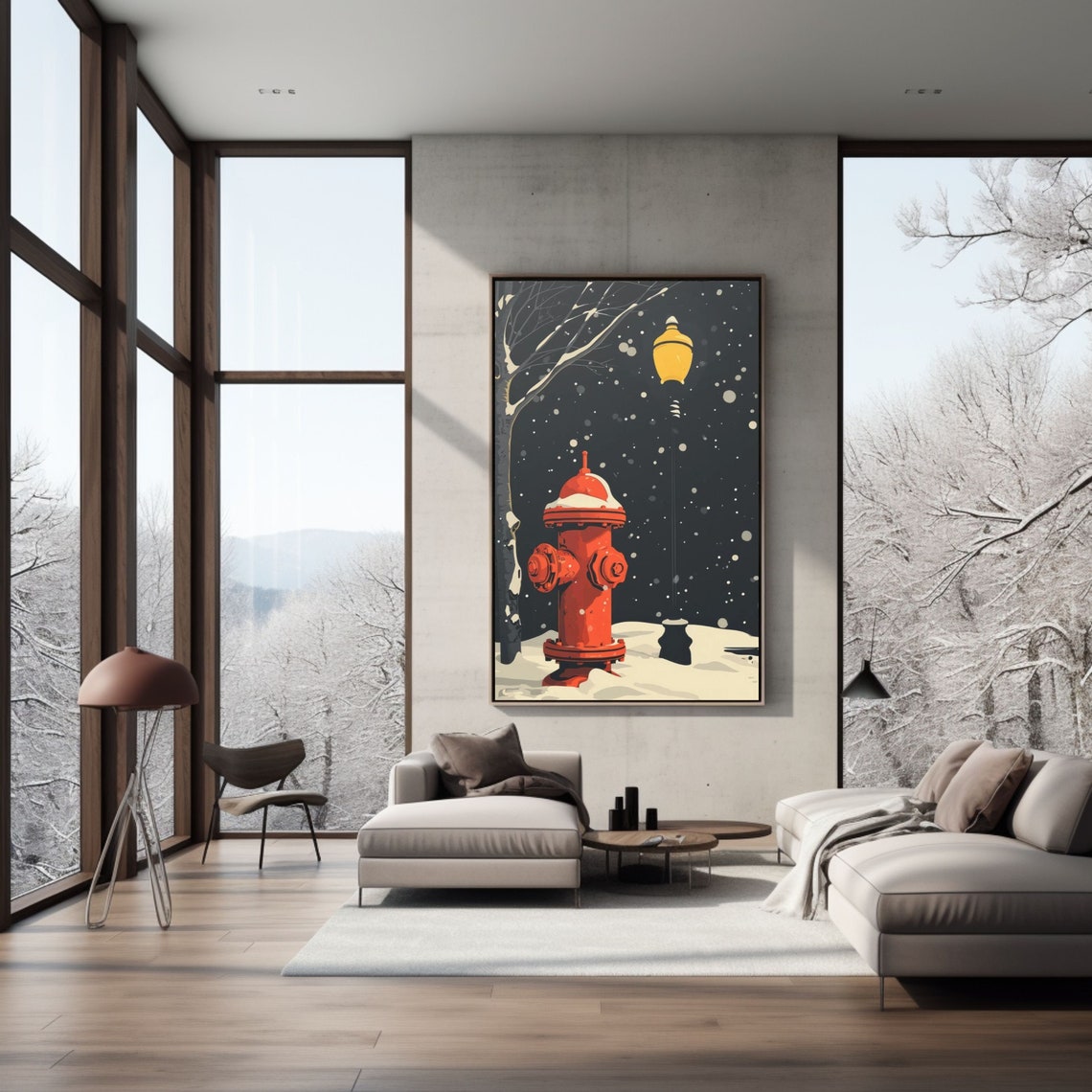 Red Fire Hydrant in Falling Snow on a Winter Night City Poster