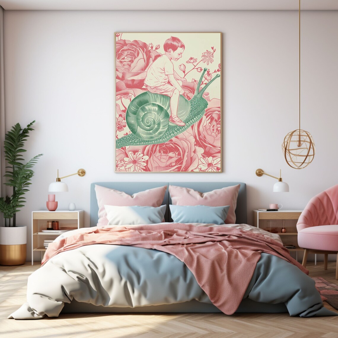 Boy Riding A Giant Green Snail Among Pink Roses Dreamy Poster